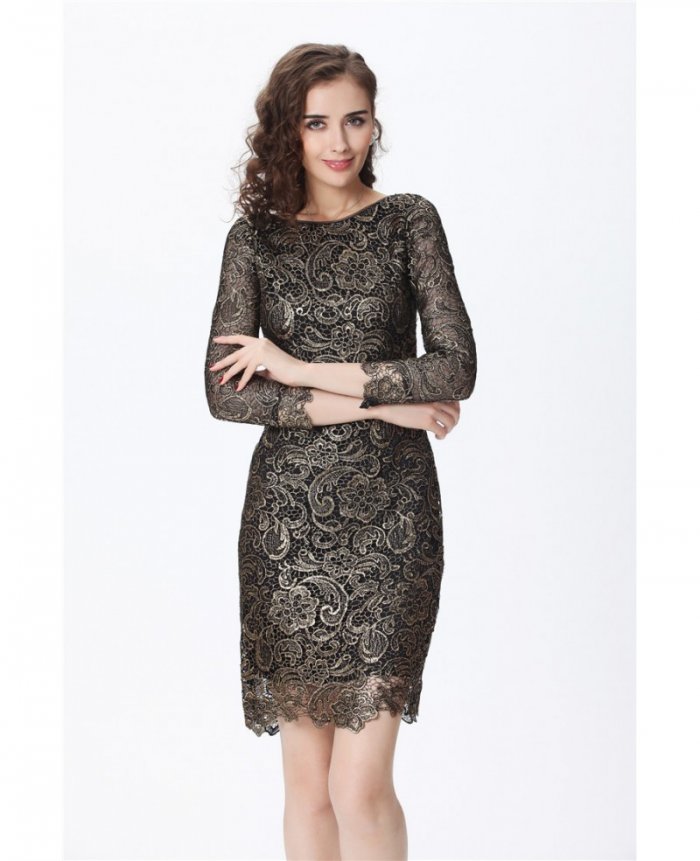 Luxe Black with Gold Lace 3/4 Sleeve Cocktail Dress|bd5898|Cocktail Dresses