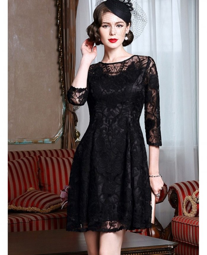 classy-black-lace-fit-and-flare-dress-with-lace-sleeves-for-weddings-bd26363-occasion-dresses