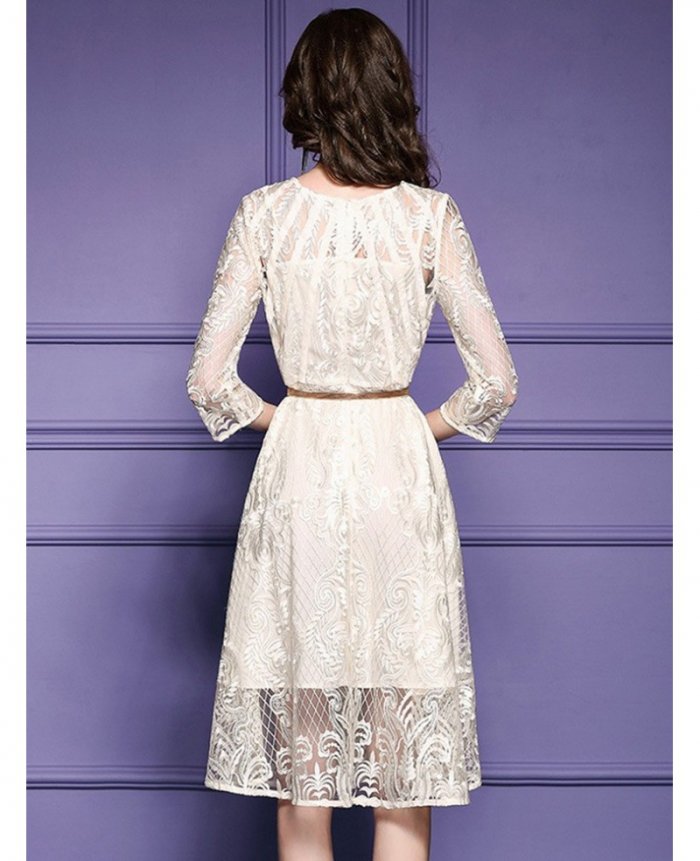 Elegant Beige Lace A Line Wedding Guest Dress With Sleeves|bd25746