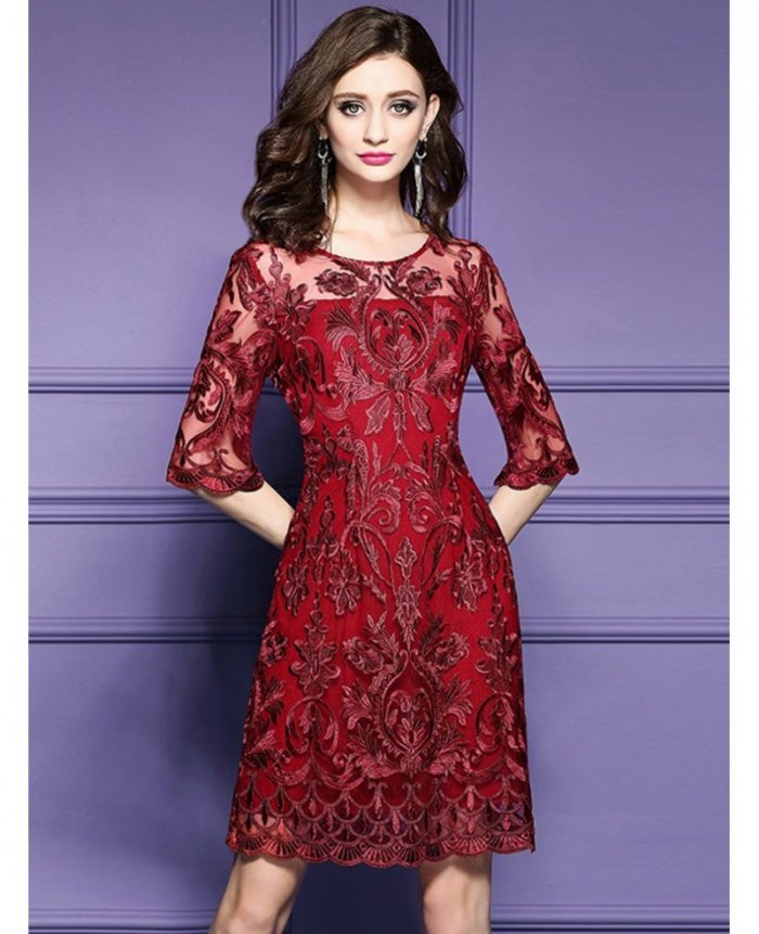 Elegant Burgundy Short Wedding Guest Dress For Over 40,50 With Half ...