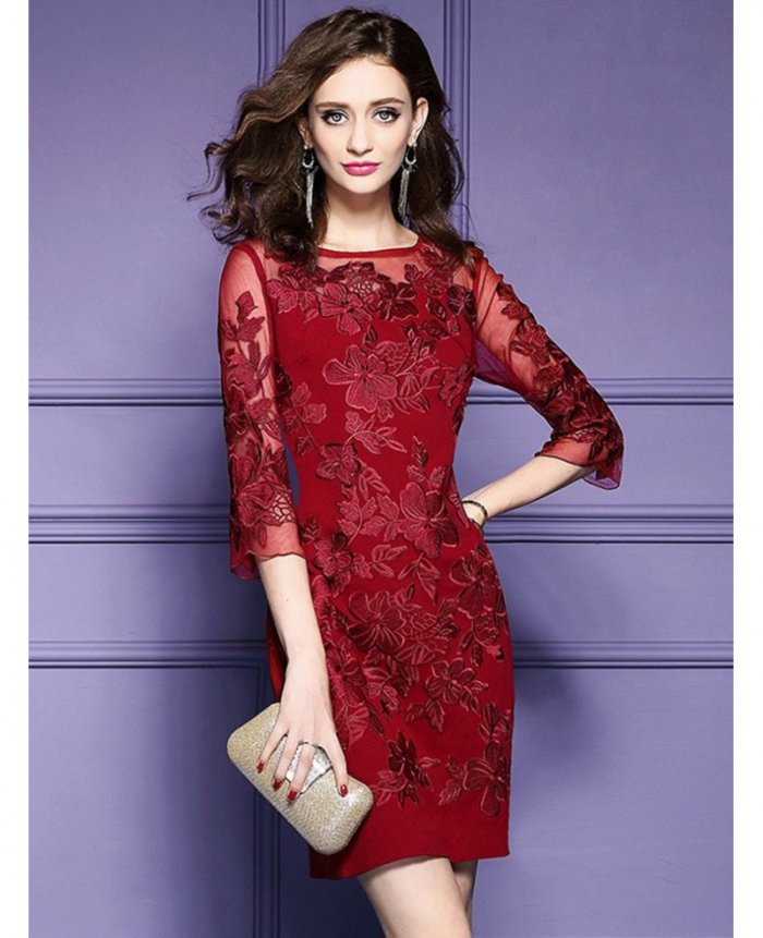 Burgundy Half Sleeve Petie Dress For Weddings With Embroidery|bd25895 ...