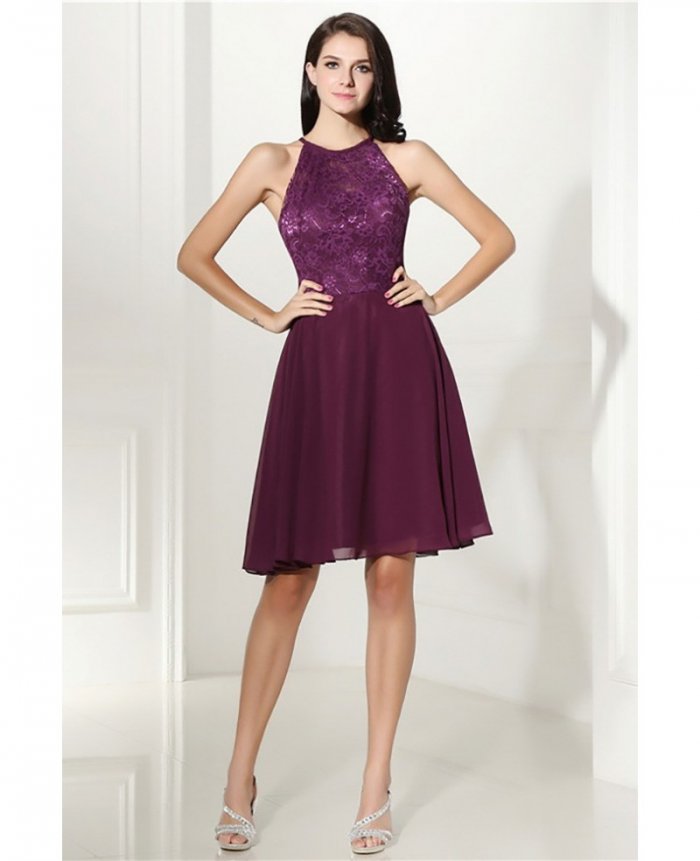 Cheap Purple Short Halter Prom Dress With Lace Bodice For Graduation