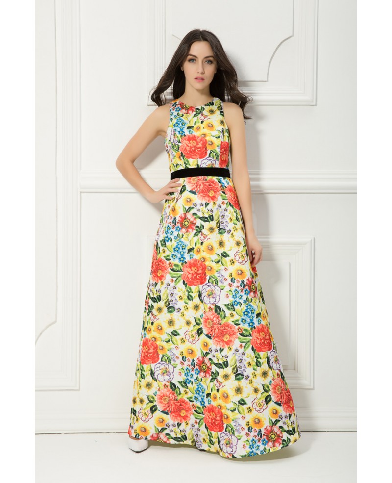 Summer High Waist Floral Print Chiffon Long Wedding Guest Dress