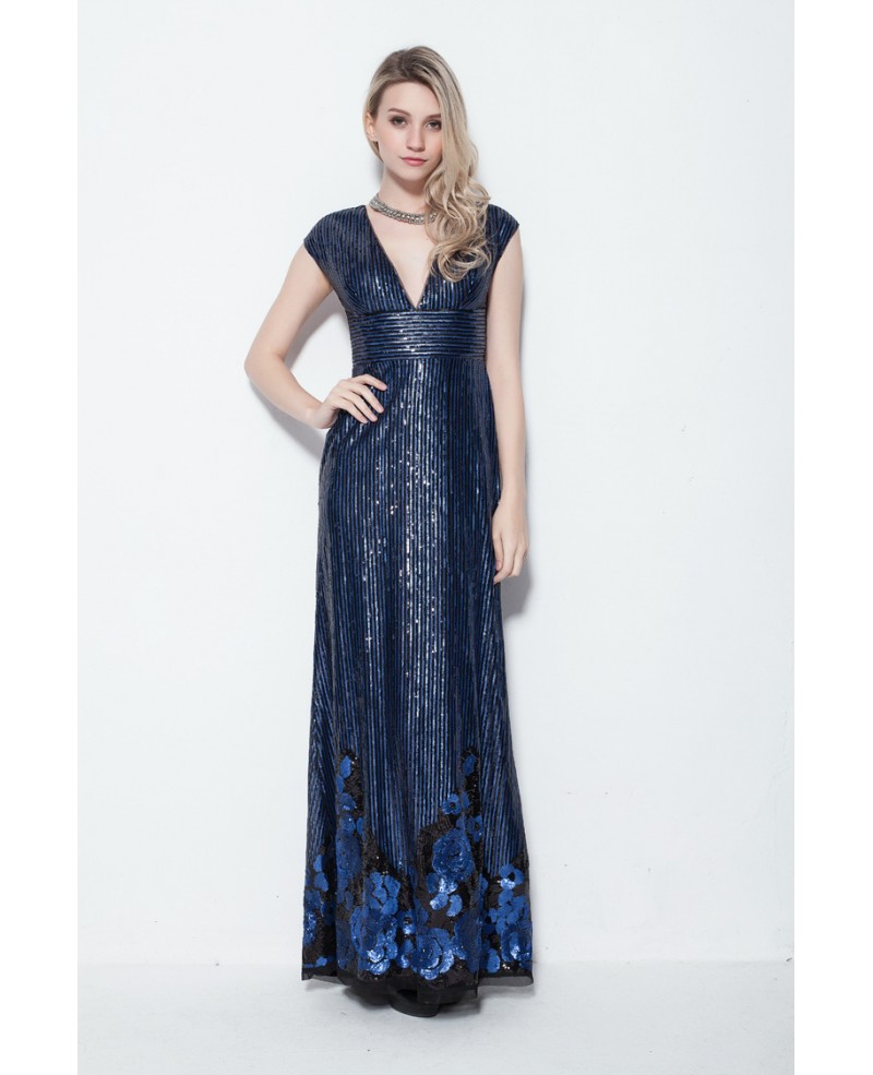 Empire Waist Deep V Long Sequin Blue Dress with Key Hole Back