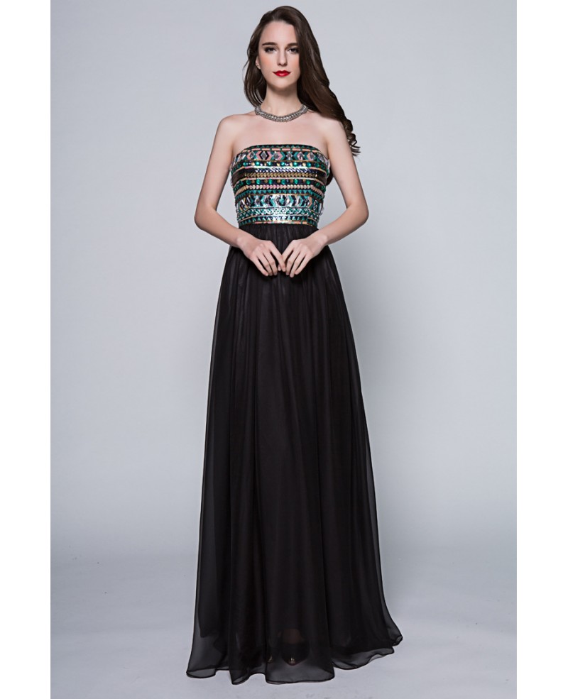 Different Beaded Bodice Strapless Black Long Dresses