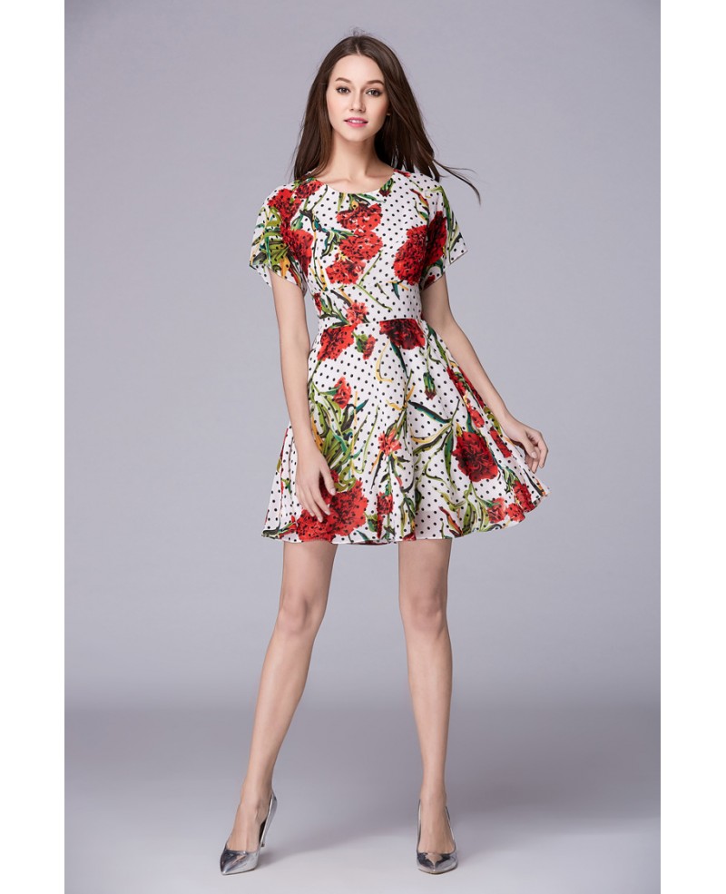 Summer Floral Print Chiffon Short Weeding Guest Dress With Sleeves