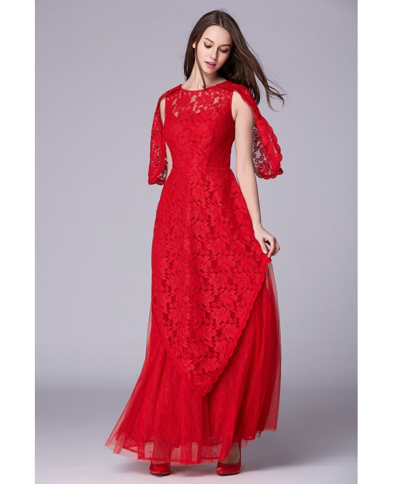 Stylish A-Line Red Lace Tulle Long Evening Dress With Sleeves