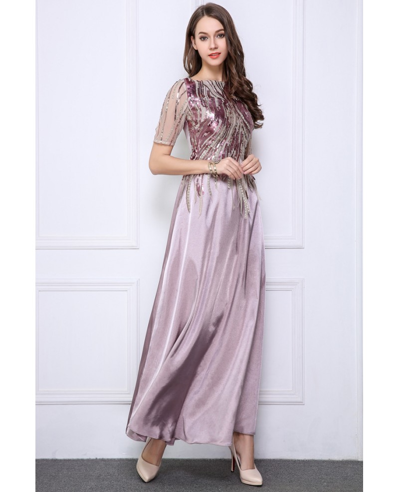 Elegant A-Line Satin Long Evening Dress With Sequins