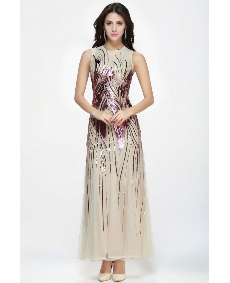 High Neck Fitted Sparkly Sequined Modest Dresses with Empire Waist