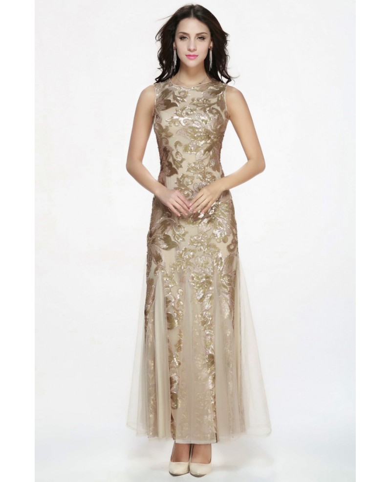 Mermaid Style Long Champagne Sequin Tulle Tight Dresses with High Neck