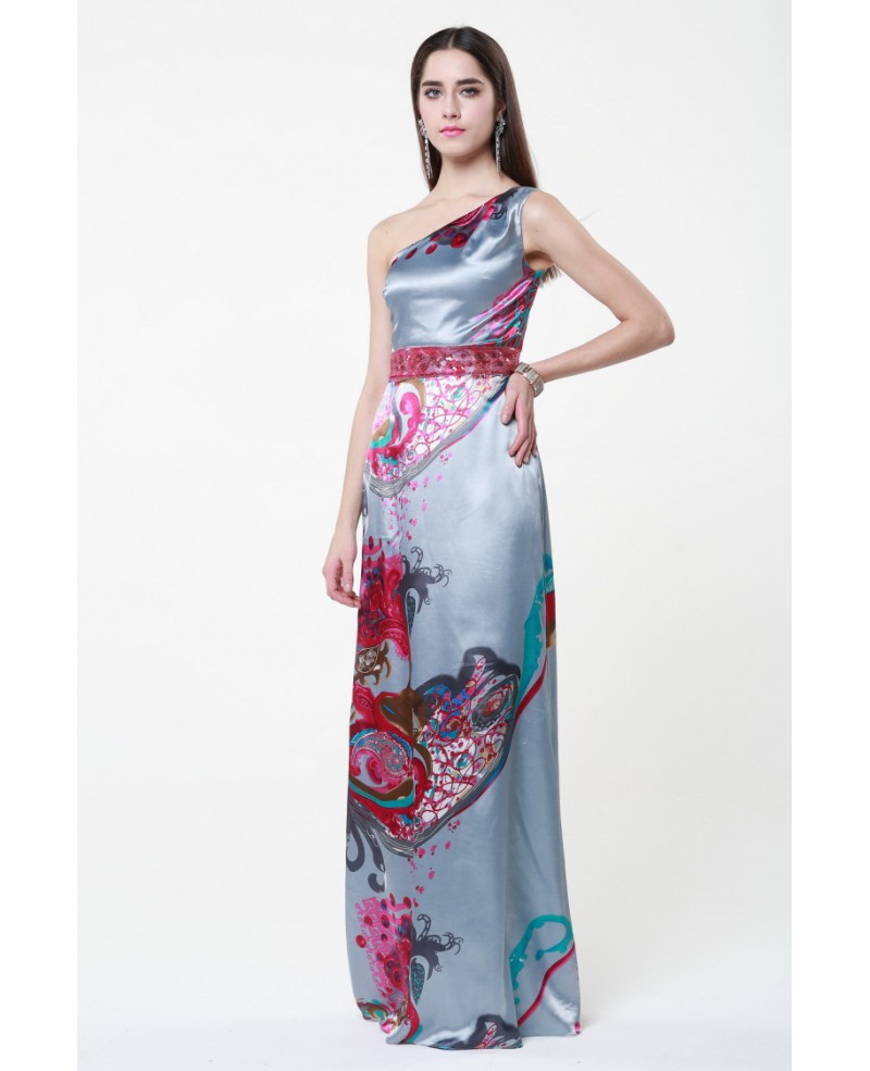 Chinese Style One Shoulder Floral Print Floor-Length Dress - Click Image to Close