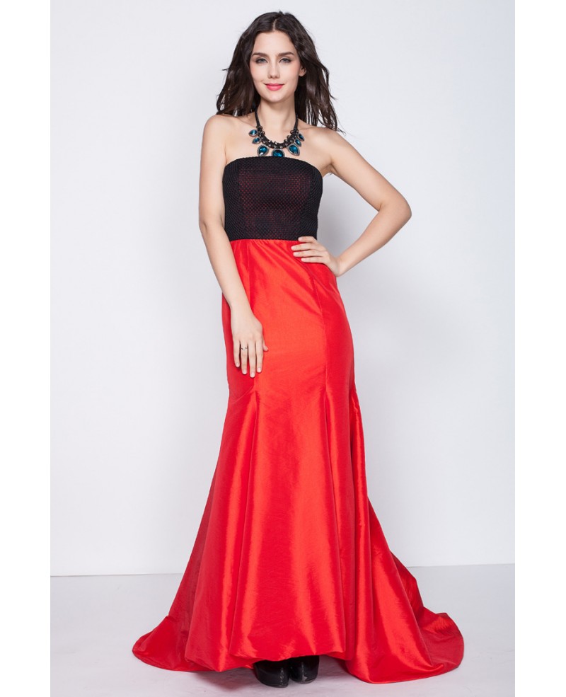 Black and Red Mermaid Style Strapless Dresses with Train