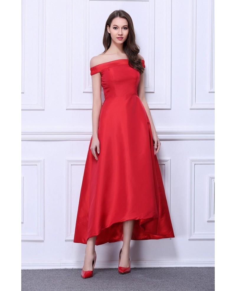 Vintage A-Line Off-the-Shoulder Satin Tea-Length Dress