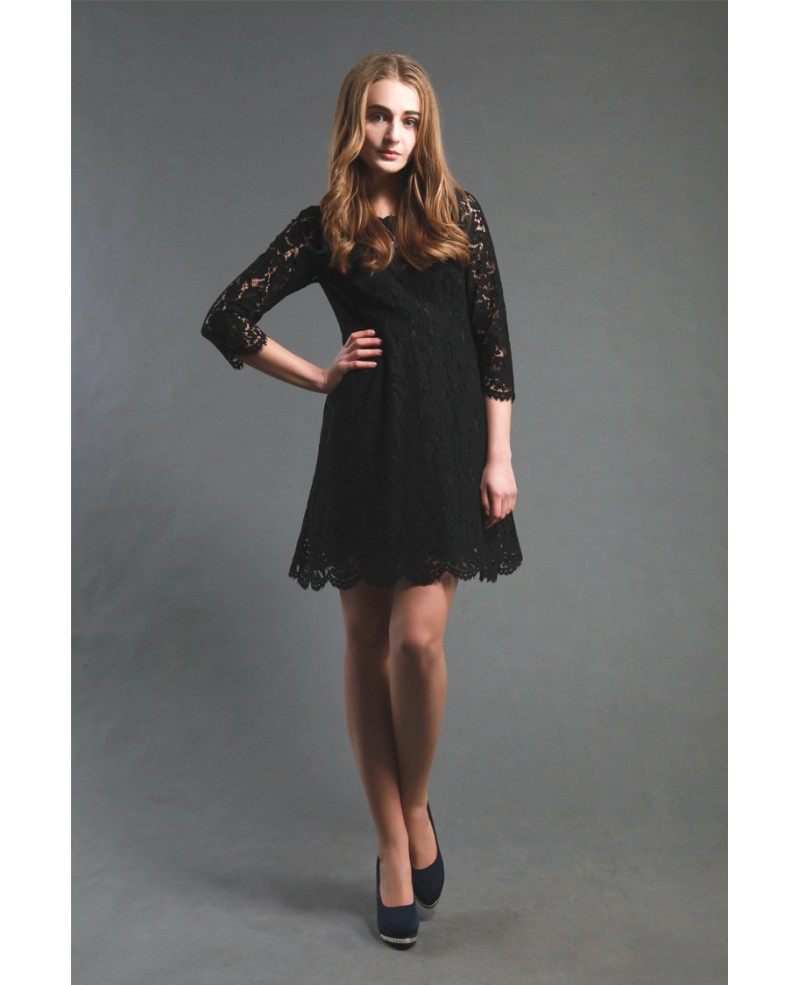 Little Black Lace Short Casual Party Dress With Sleeves