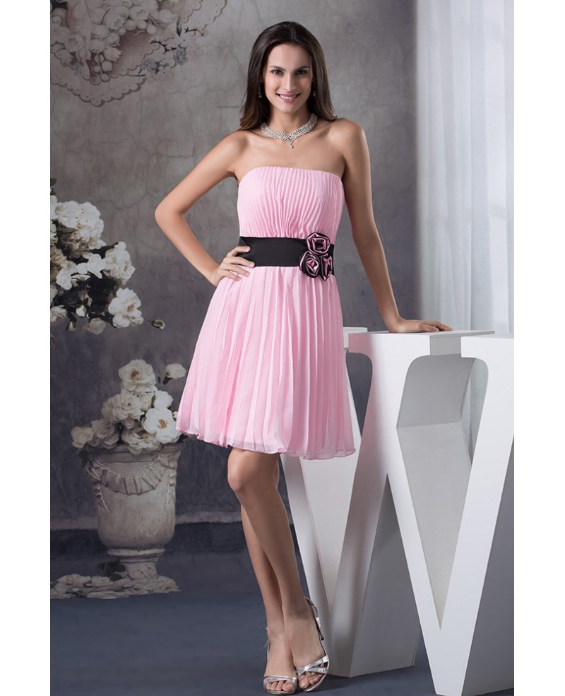 A-line Strapless Short Pink Pleated Prom Dress With Flowers