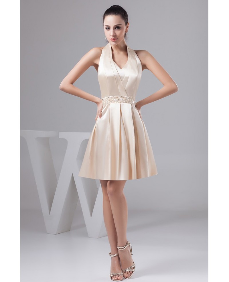 Beautiful Champagne Halter Short Prom Dress With Beading Waist