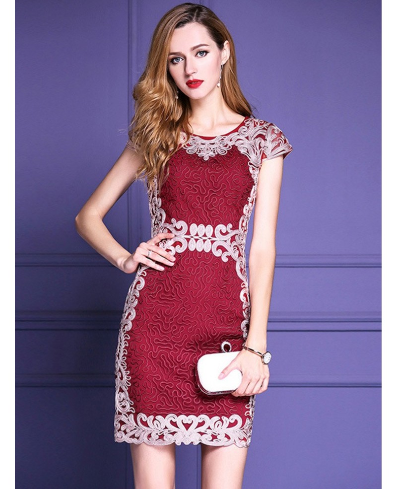 Burgundy Formal Embroidered Bodycon Cocktail Dress For Weddings
