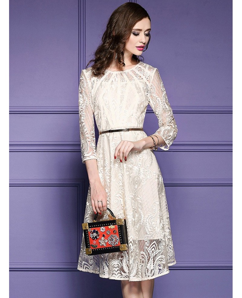 Elegant Beige Lace A Line Wedding Guest Dress With Sleeves|bd25746 ...