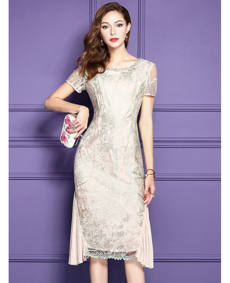 Elegant Apricot Knee Length Bodycon Formal Dress For Weddings With Embroidered Sleeves