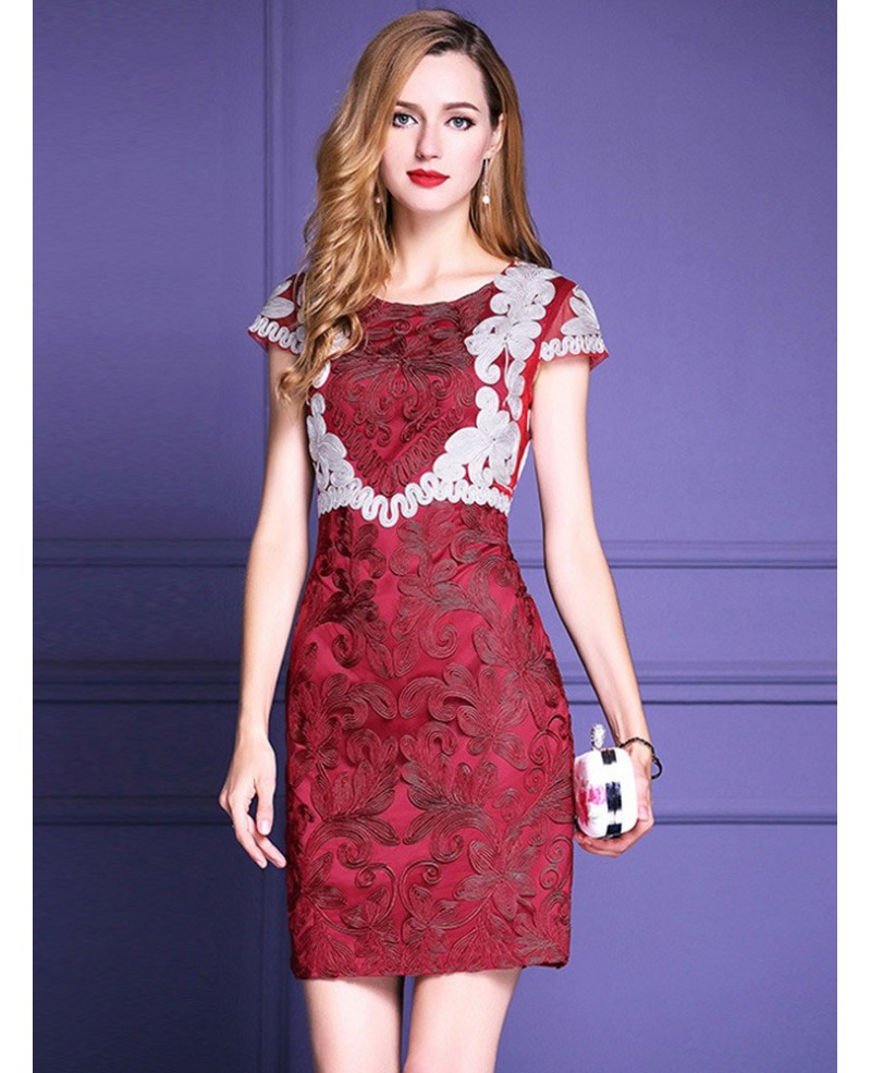 Unique Burgundy Embroidery Cocktail Dress For Weddings Cap Sleevesbd26266cocktail Dresses