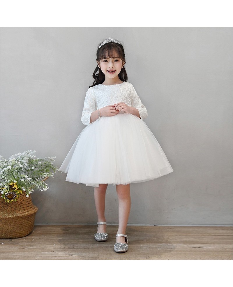 Ivory Tutus Princess Flower Girl Dress With Sleeves Spring Wedding Party