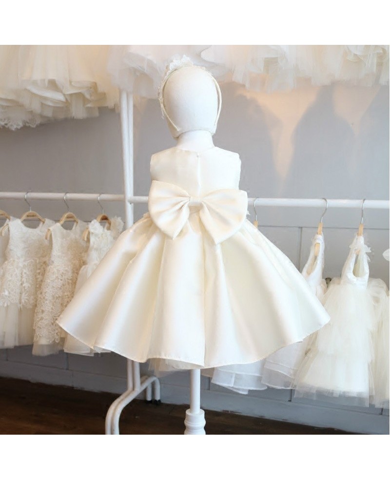 High-end Cream White Satin Flower Girl Pageant Dress Formal Weddings