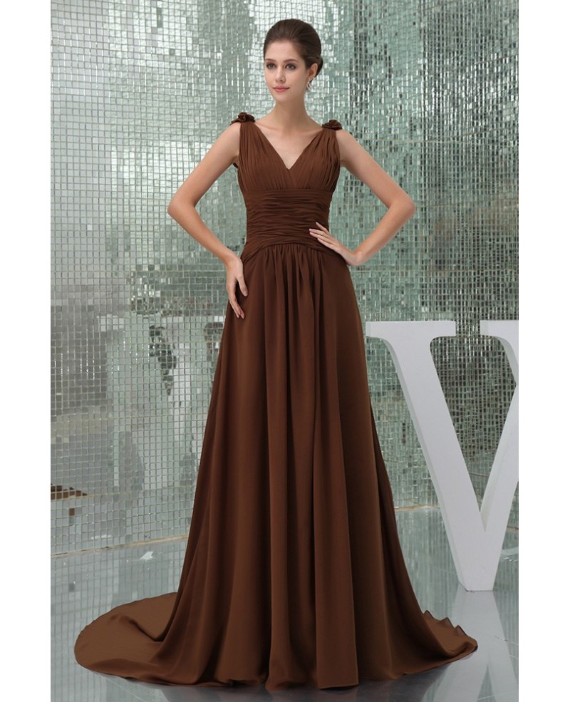 A-line V-neck Court Train Chiffon Evening Dress