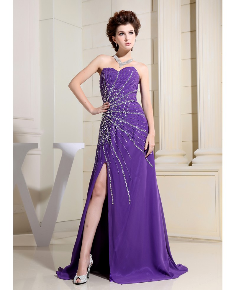 A-line Sweetheart Sweep Train Chiffon Prom Dress With Beading