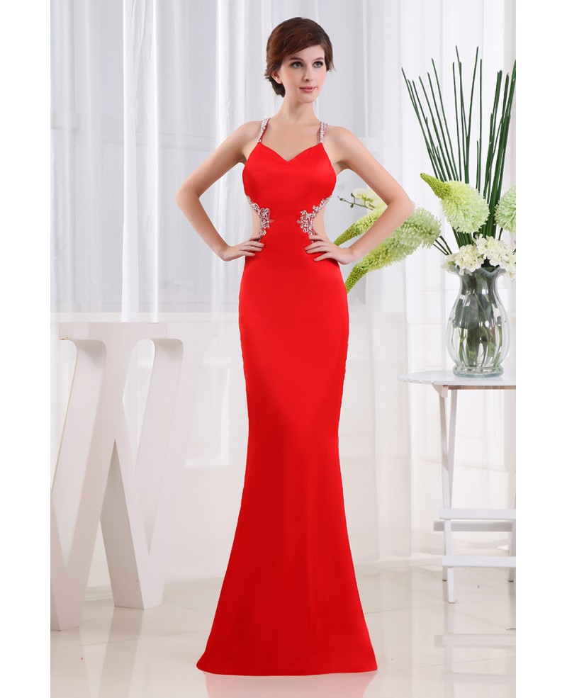 Mermaid V-neck Floor-length Satin Evening Dress With Beading