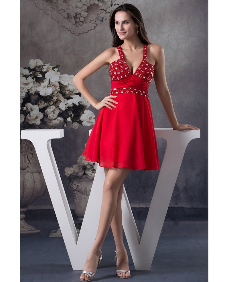 A-line V-neck Short Chiffon Prom Dress With Beading