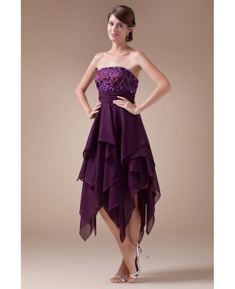 A-line Strapless Asymmetrical Chiffon Prom Dress With Beading