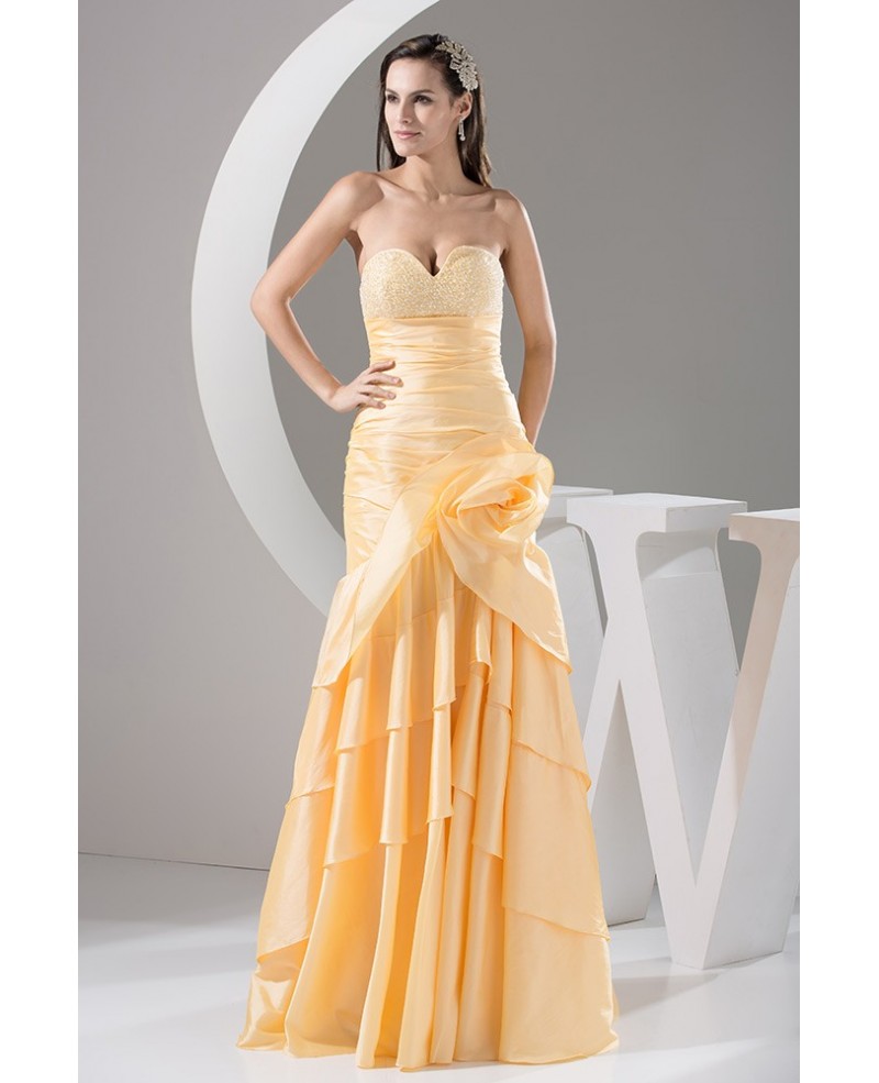 Gold Taffeta Sweetheart Long Prom Dress With Beading
