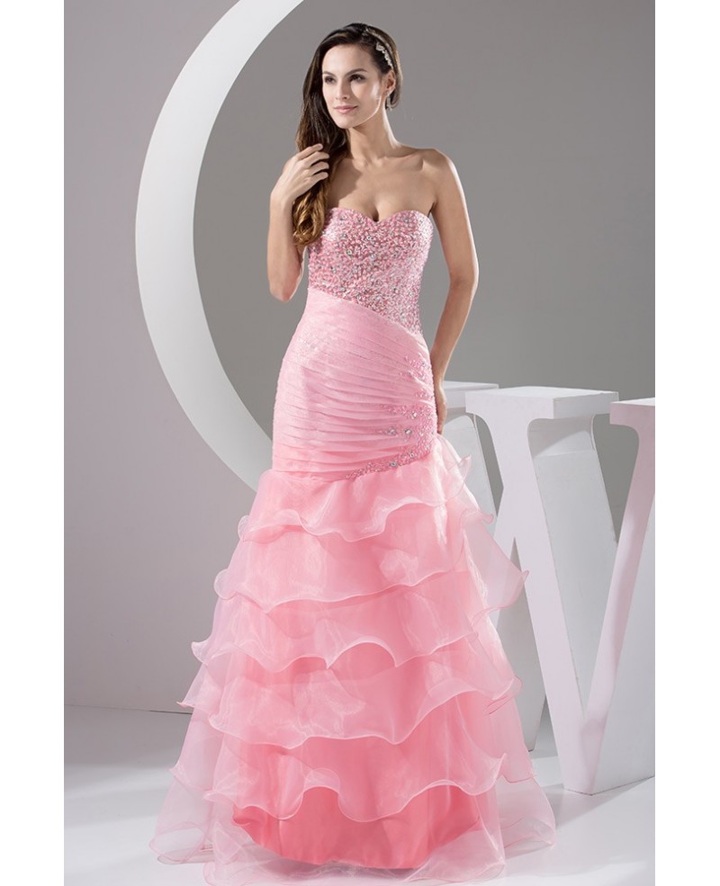 Blush Pink Sparkly Sweetheart Long Tulle Ruffle Prom Dress