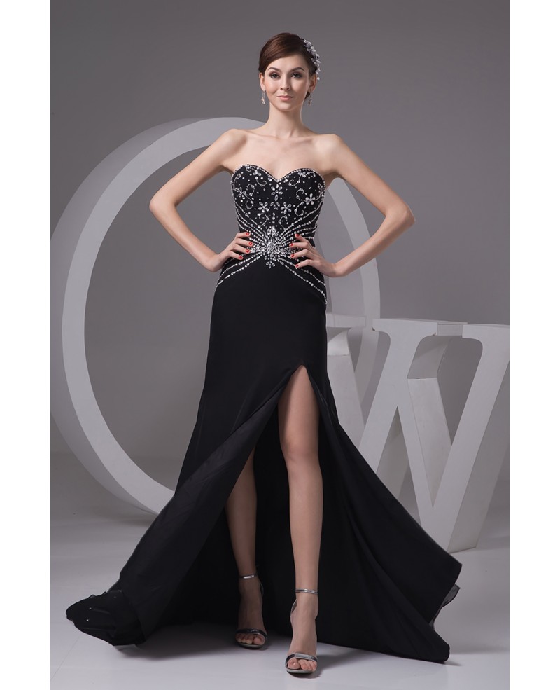 Sheath Sweetheart Court Train Chiffon Prom Dress With Beading