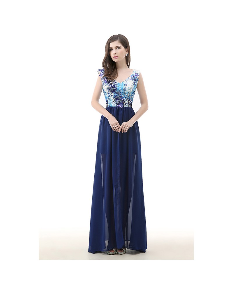 A-Line V-neck Floor-Length Chiffon Prom Dress With Sequin Appliques