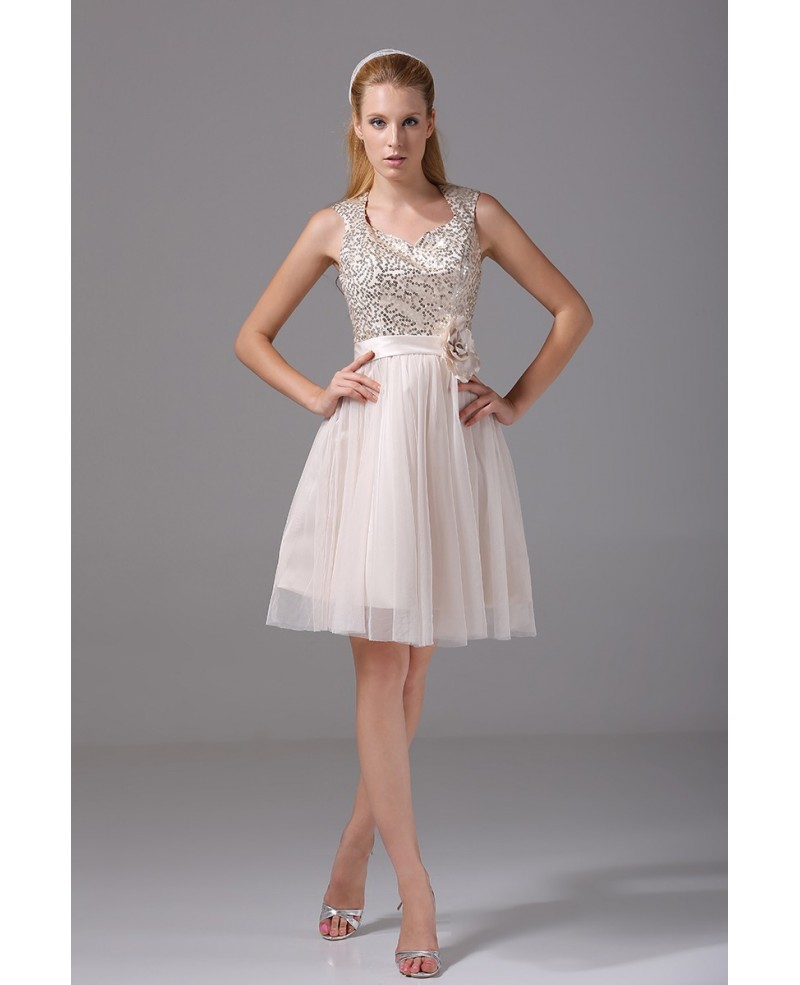 Sparkly Sequined Short Tulle Party Dress with Sash