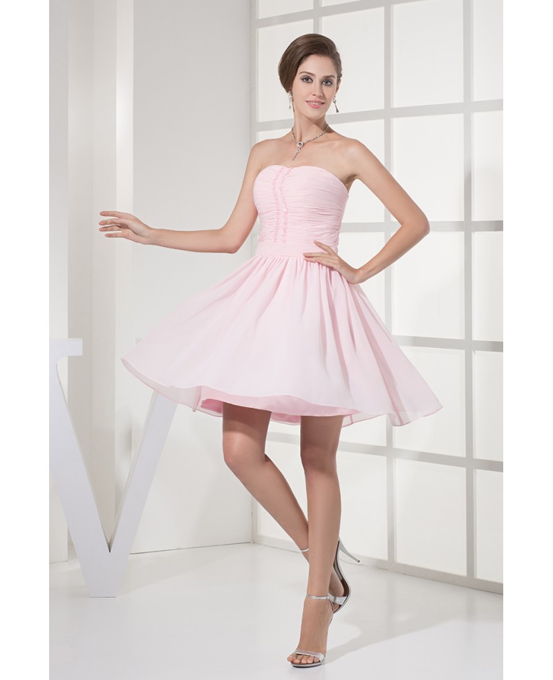 Simple Short Pink Strapless Chiffon Party Dress