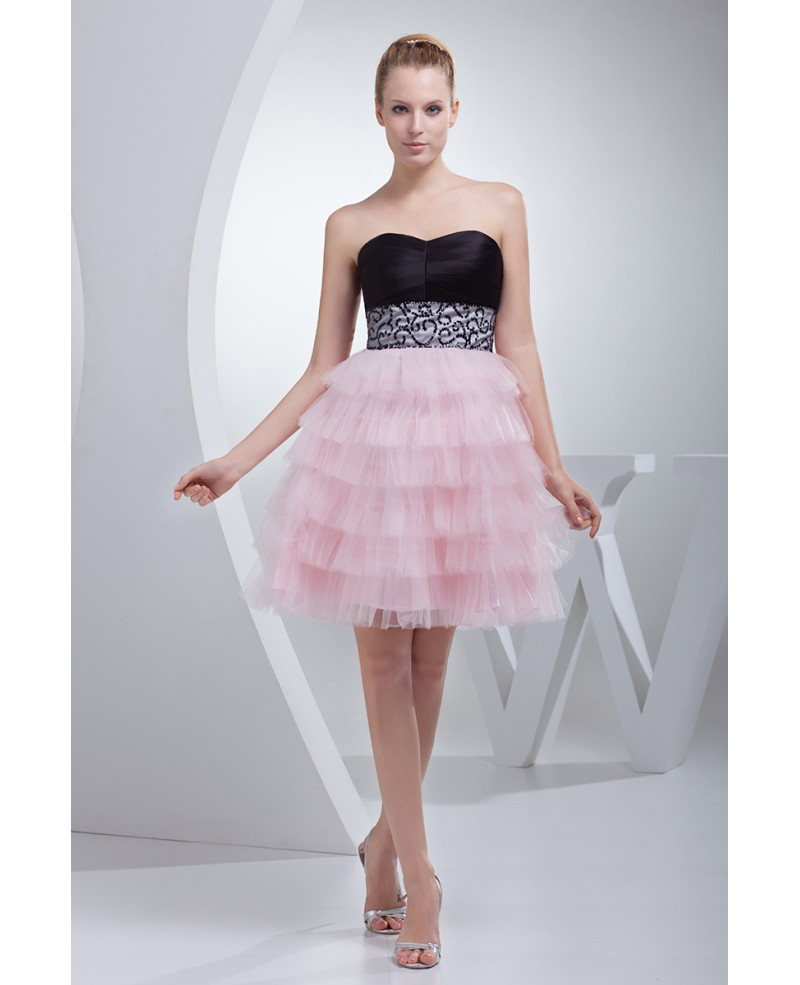 Sweetheart Black and Pink Puffy Short Prom Dress with Embroidery