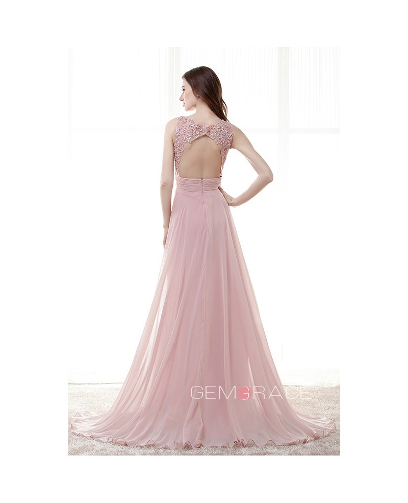 A-Line Scoop Neck Sweep Train Chiffon Prom Dress With Beading Applique Lace