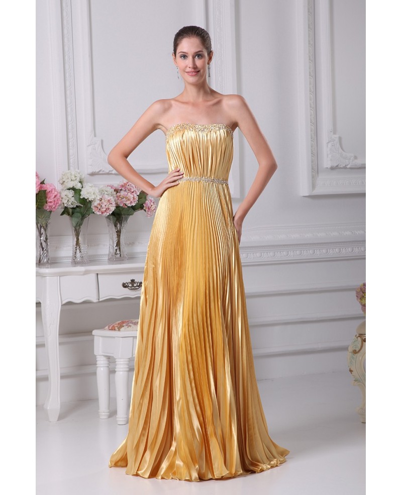 Gorgeous Strapless Pleated Long Gold Dress with Beading