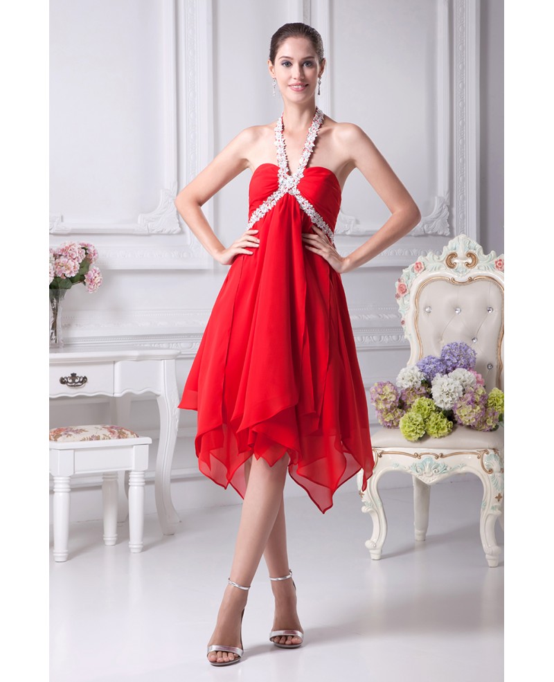 Hot Red Short Chiffon Crystal Prom Dress with Long Halter Neck