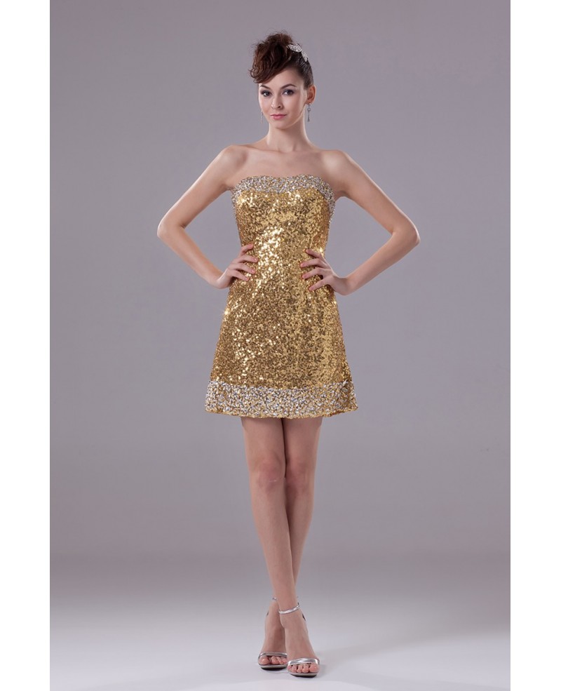 Sexy Strapless Short Cocktail Gold Sequined Party Dress with Sliver Beading