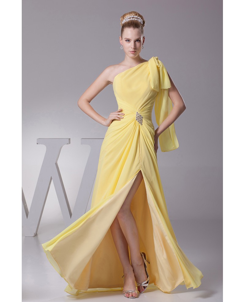 One Shoulder Sleeve Yellow Chiffon Long Prom Dress with Split Front