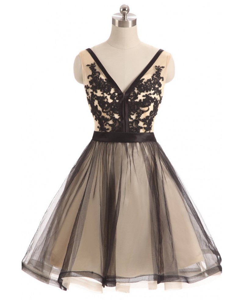 Black Tulle Lace V-neck Short Prom Dress