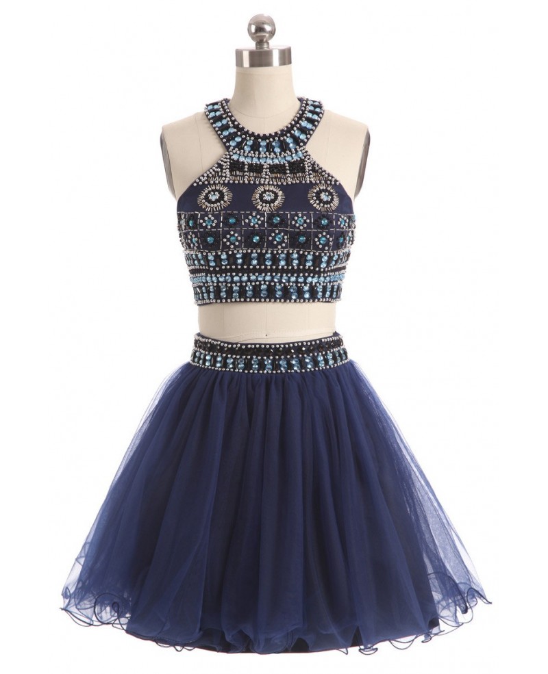 Beaded Short Halter Two-piece Blue Prom Dress