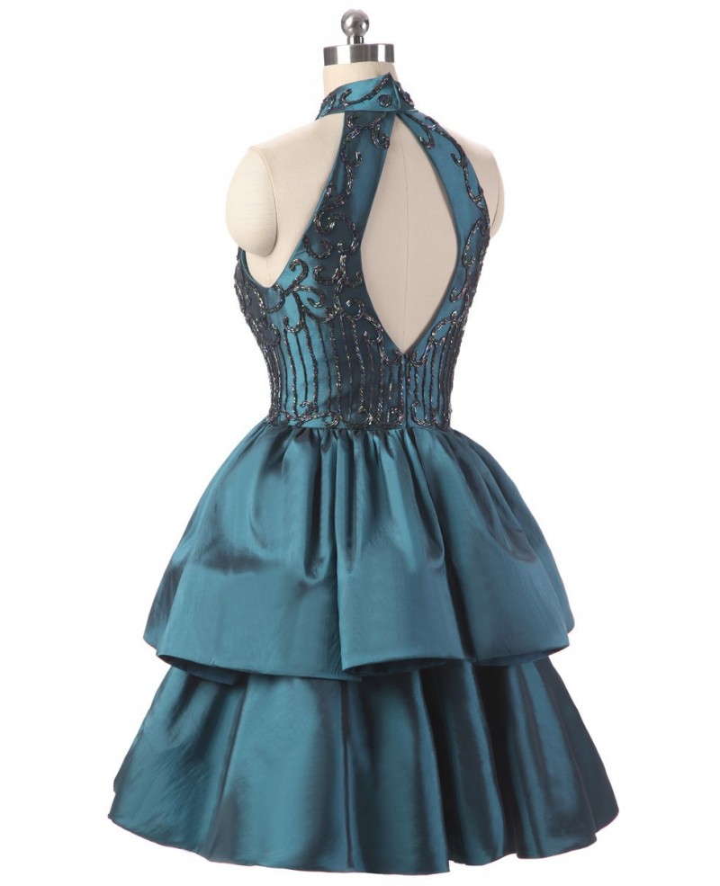 Embroidered Short Halter Ink Blue Taffeta Party Dress