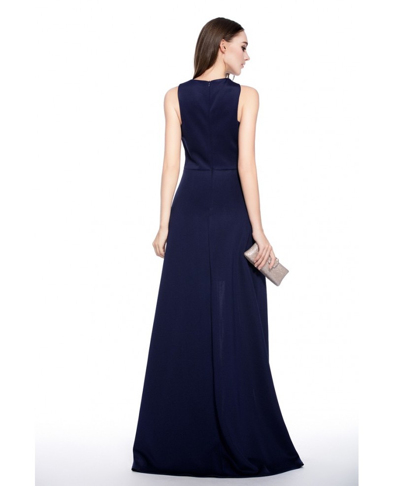 Navy Blue A-line Scoop Neck High Low Evening Dress