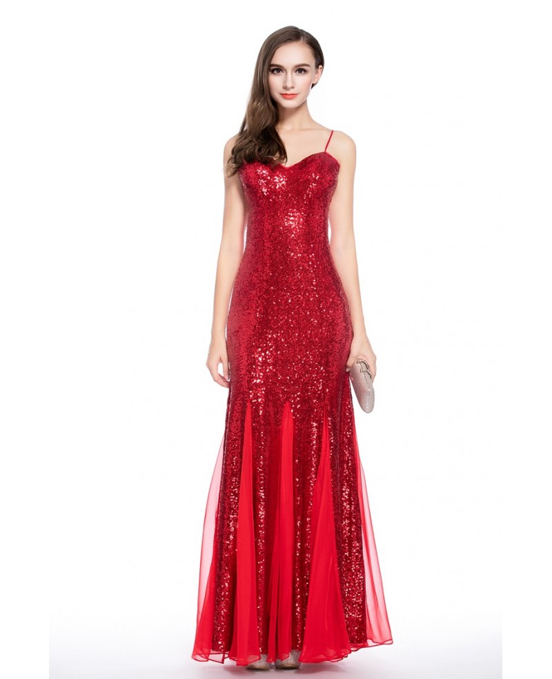 Red Sheath Sweetheart Sequined Floor-length Evening Dress