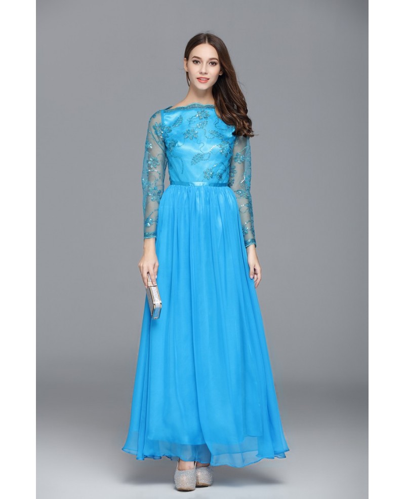 Blue A-line Scoop Neck Embroidery Floor-length Evening Dress
