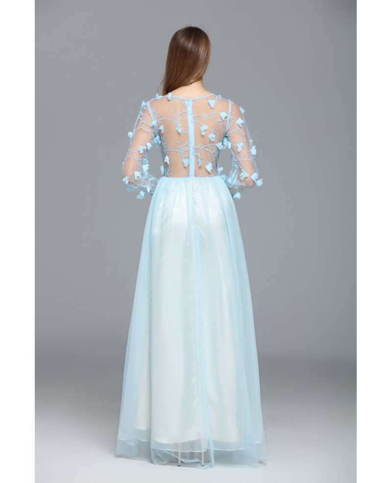 Light Blue A-line Scoop Neck Floor-length Evening Dress With Flowers